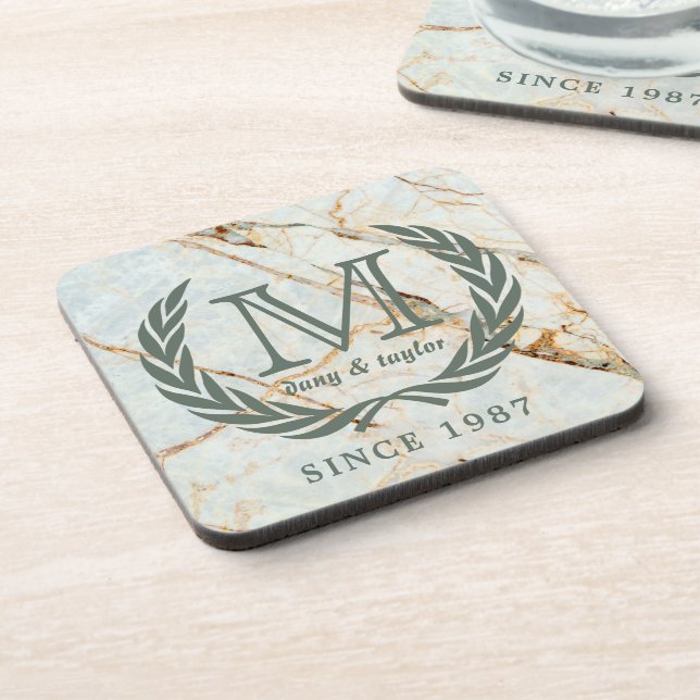 Laurel Leaf Classic Monogram Beautiful Marble Drink Coaster (Left Side)