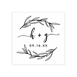 Laurel Leaf Couples Monogram Save The Date Rubber Stamp