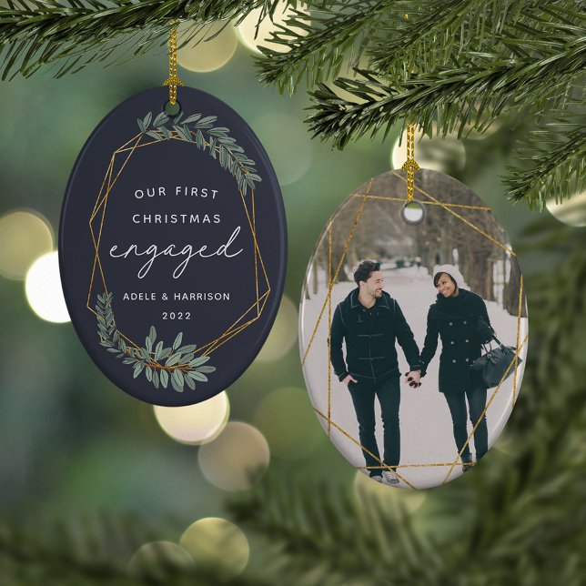 Laurel Leaf First Engaged Christmas Photo Ceramic Ornament (Creator Uploaded)