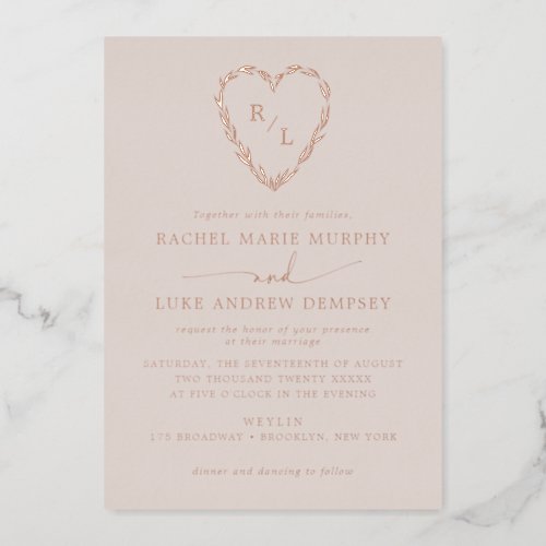 Laurel Leaf Heart Wreath Wedding Monogram Foil Invitation