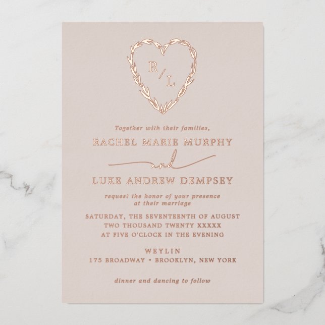 Laurel Leaf Heart Wreath Wedding Monogram Foil Invitation (Front)
