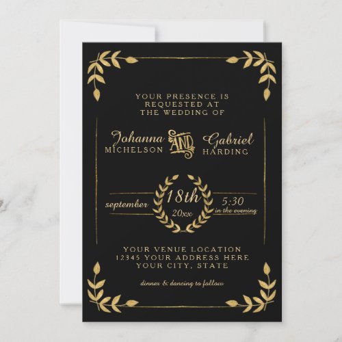 Laurel Leaf Modern Typography Black Gold Wedding Invitation