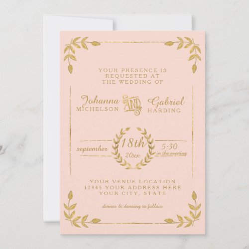 Laurel Leaf Modern Typography Blush Gold Wedding Invitation