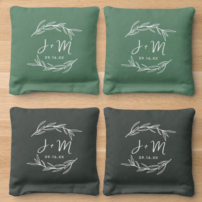 Laurel Leaf Monogram Wedding Custom Cornhole Bags (Wood)