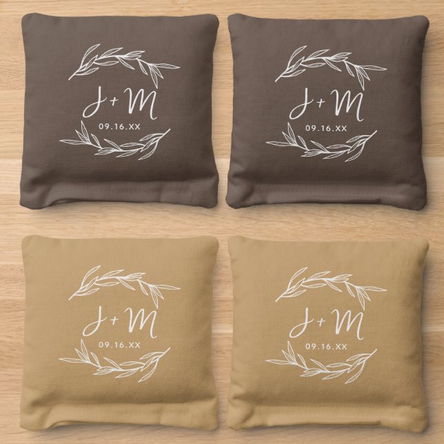 Laurel Leaf Monogram Wedding Custom Cornhole Bags (Wood)