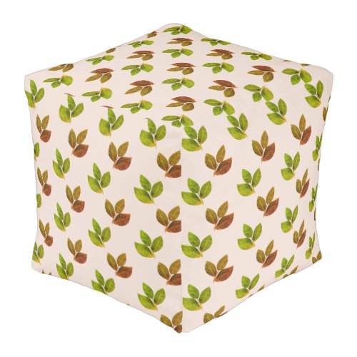 Laurel Leaf Pattern on Beige Cube Pouf