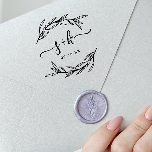 Laurel Leaf Script Couples Monogram Save The Date Rubber Stamp