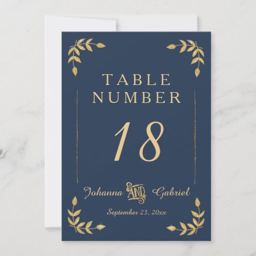 Laurel Leaf Typography Navy Blue Gold Table Number