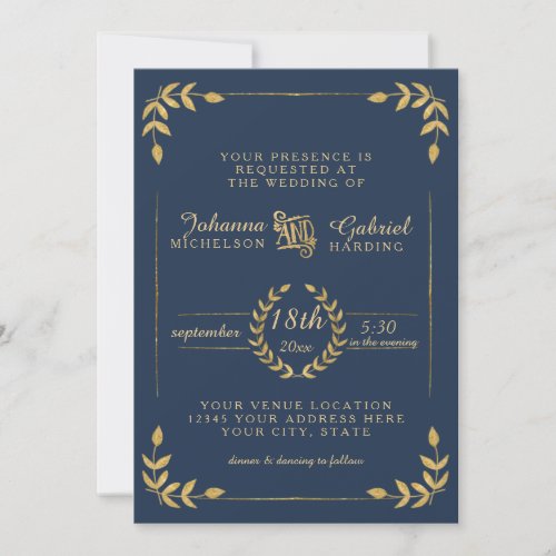 Laurel Leaf Typography Navy Gold Modern Wedding Invitation
