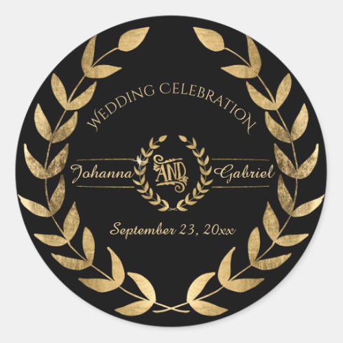 Laurel Leaf Wreath Black Gold Wedding Celebration Classic Round Sticker