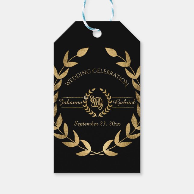 Laurel Leaf Wreath Black Gold Wedding Reception Gift Tags (Front)