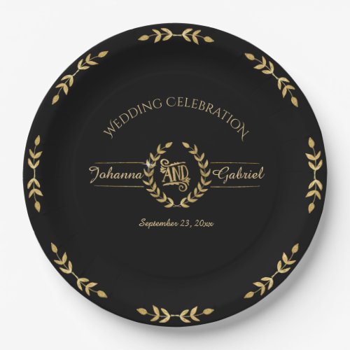 Laurel Leaf Wreath Wedding Celebration Black Gold Paper Plates