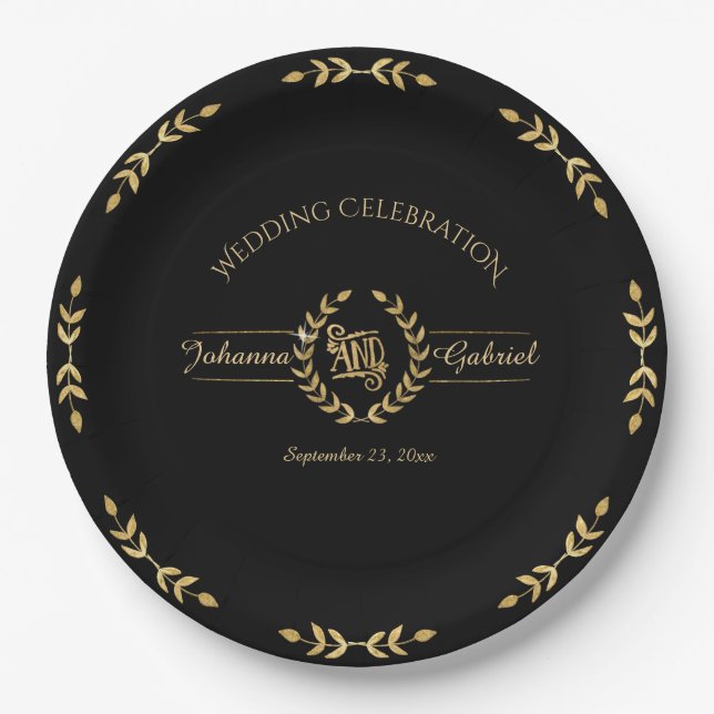 Laurel Leaf Wreath Wedding Celebration Black Gold Paper Plates (Front)