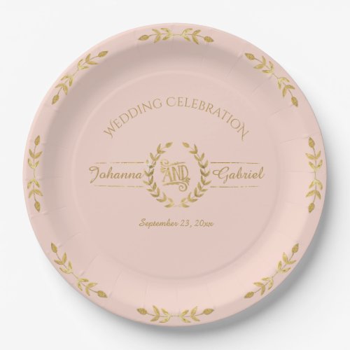 Laurel Leaf Wreath Wedding Celebration Blush Gold Paper Plates