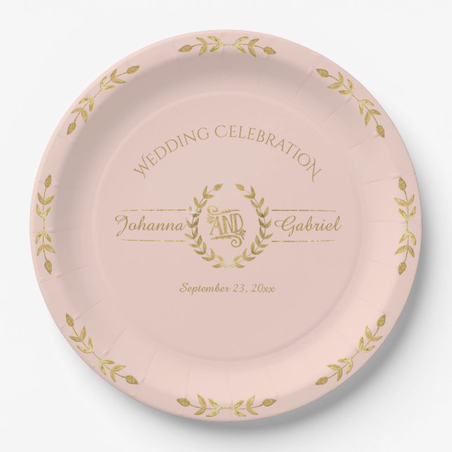 Laurel Leaf Wreath Wedding Celebration Blush Gold Paper Plates (Front)