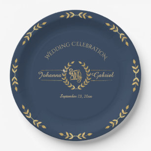 Laurel Leaf Wreath Wedding Celebration Navy Gold Paper Plates