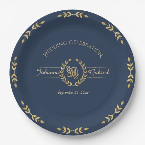 Laurel Leaf Wreath Wedding Celebration Navy Gold Paper Plates