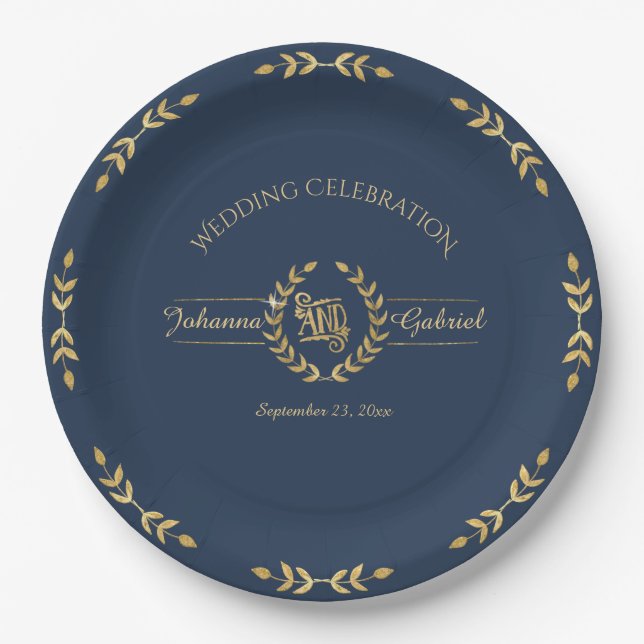 Laurel Leaf Wreath Wedding Celebration Navy Gold Paper Plates (Front)