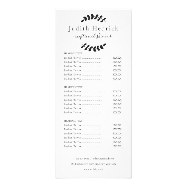 Laurel Leaves Black and White Salon Service Menu (Front)