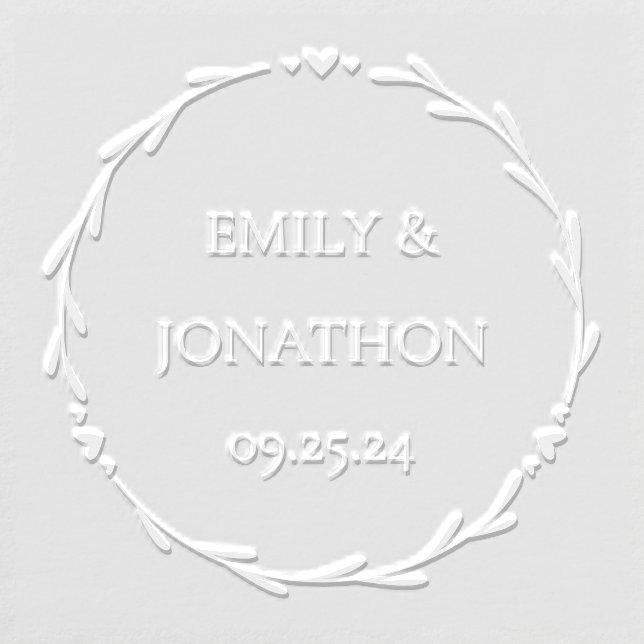 Laurel Leaves Hearts Frame Names Wedding Date Embosser (Design)