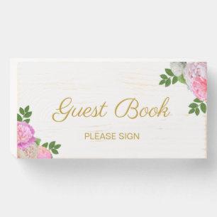 Laurel Leaves & Pink Flowers Guestbook Wooden Box Sign