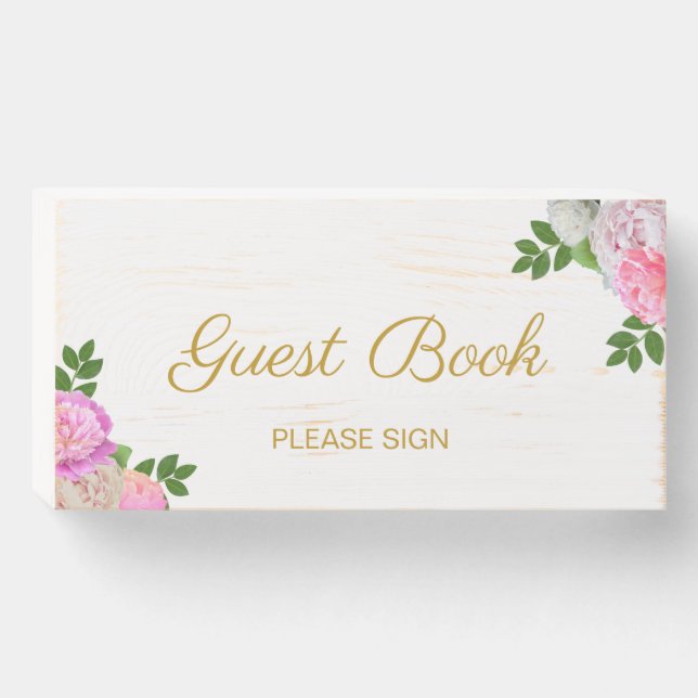 Laurel Leaves & Pink Flowers Guestbook Wooden Box Sign (Front Horizontal)