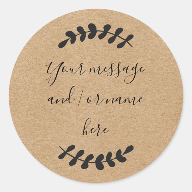 Laurel Leaves Rustic Kraft Personalized Classic Round Sticker (Front)