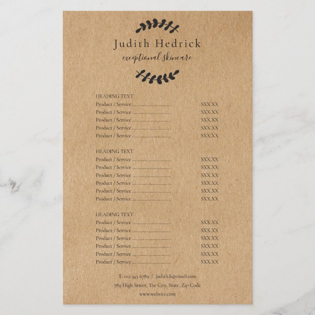 Laurel Leaves Rustic Kraft Salon Service Menu Flyer (Front)
