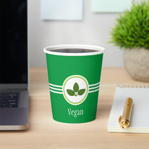 Laurel Leaves Vegan Text  Three Stripes on Green Paper Cups