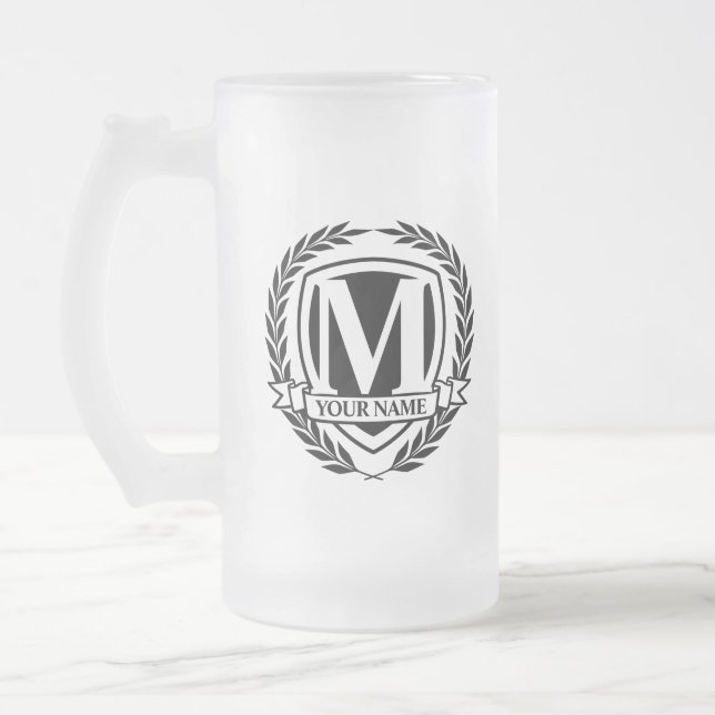 Laurel Monogram Design Frosted Glass Beer Mug (Left)