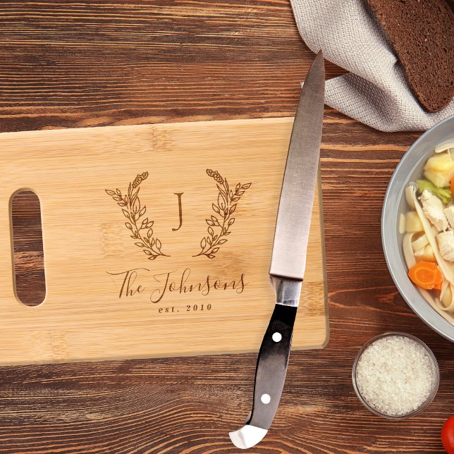 Laurel monogram family name established year engraved cutting board (Creator Uploaded)