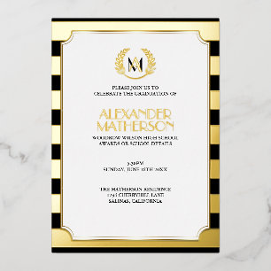 Laurel Monogrammed Black and FOIL Graduation Foil Foil Invitation