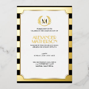 Laurel Monogrammed Black and FOIL Graduation Foil  Invitation