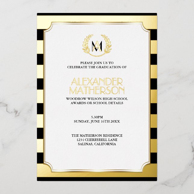 Laurel Monogrammed Black and FOIL Graduation Foil  Invitation (Front)