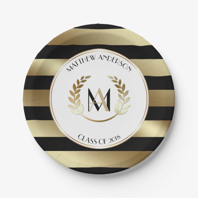 Laurel Monogrammed Black and Gold Graduation Party Paper Plates (Front)