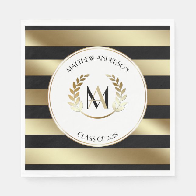 Laurel Monogrammed Black and Gold Party Paper Napkins (Front)