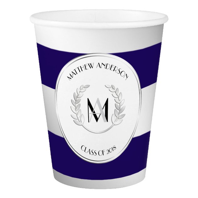 Laurel Monogrammed Silver And Blue Grad Party Paper Cup