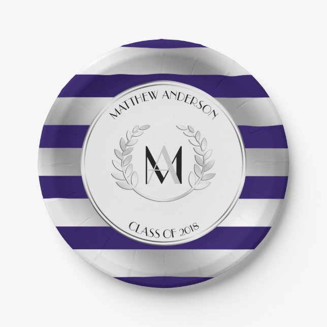Laurel Monogrammed Silver and Blue Grad Party Paper Plates (Front)