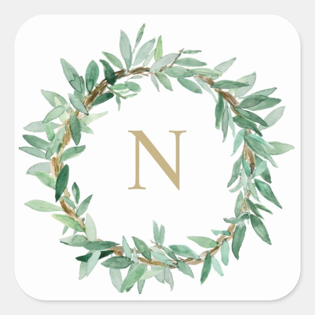 Laurel Olive Leaf Wreath Monogram Sticker (Front)