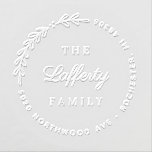 Laurel Personalized Family Monogram Wreath Address Embosser<br><div class="desc">A modern botanical return address embosser design features an asymmetrical laurel leaves swag with rounded home address text in a wreath shape that frames your custom family monogram text. Personalize your last name in elegant script and your home address in block lettering.</div>