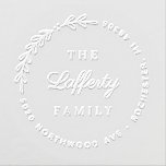 Laurel Personalized Family Monogram Wreath Address Embosser<br><div class="desc">A modern botanical return address embosser design features an asymmetrical laurel leaves swag with rounded home address text in a wreath shape that frames your custom family monogram text. Personalize your last name in elegant script and your home address in block lettering.</div>