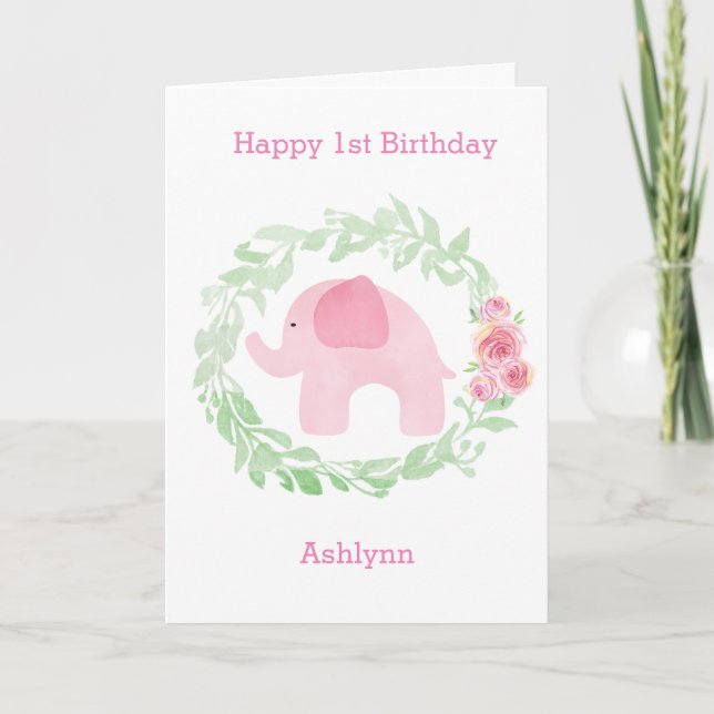 Laurel Watercolor Pink Elephant 1st Birthday Card (Front)
