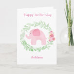 Laurel Watercolor Pink Elephant 1st Birthday Card<br><div class="desc">A green watercolor laurel and pink flowers with a pink watercolor elephant featured on the front of this personalized 1st birthday girl card. You will be able to easily personalize the front with her name and birthday message inside. This would make a sweet keepsake for the birthday girl.</div>