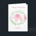 Laurel Watercolor Pink Elephant 1st Birthday Card<br><div class="desc">A green watercolor laurel and pink flowers with a pink watercolor elephant featured on the front of this personalized 1st birthday girl card. You will be able to easily personalize the front with her name and birthday message inside. This would make a sweet keepsake for the birthday girl.</div>