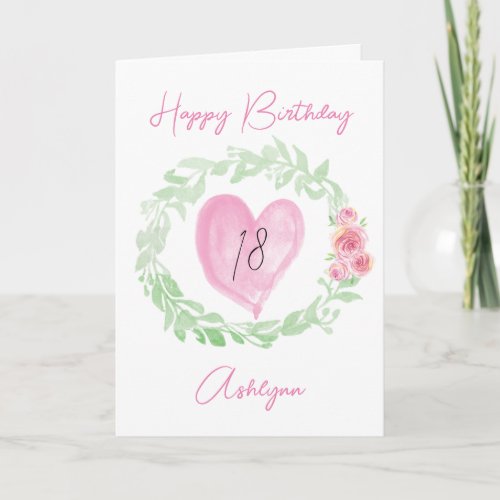 Laurel Watercolor Pink Heart 18th Birthday Card