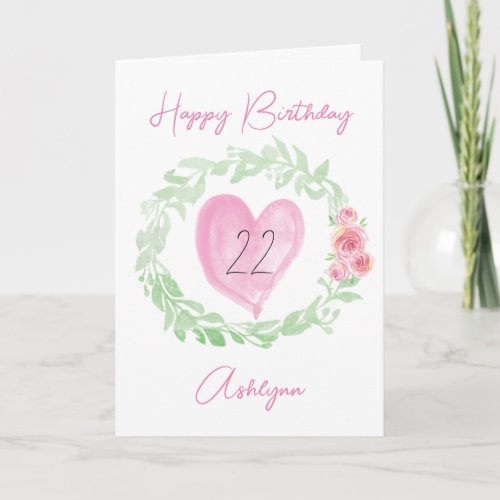 Laurel Watercolor Pink Heart 22nd Birthday Card