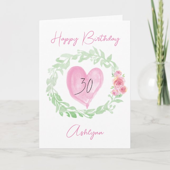 Laurel Watercolor Pink Heart 30th Birthday Card (Front)
