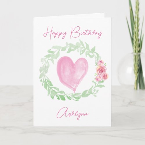 Laurel Watercolor Pink Heart Card