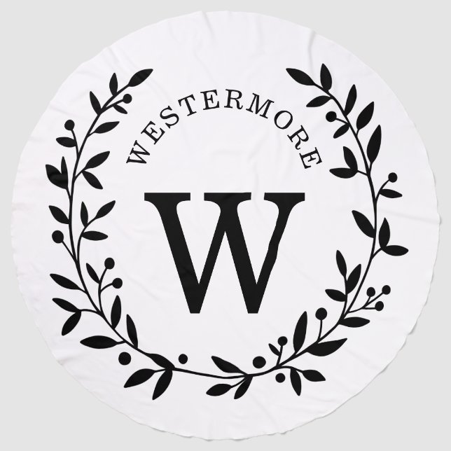 Laurel Wreath Black and White Initial Beach Towel (Front)