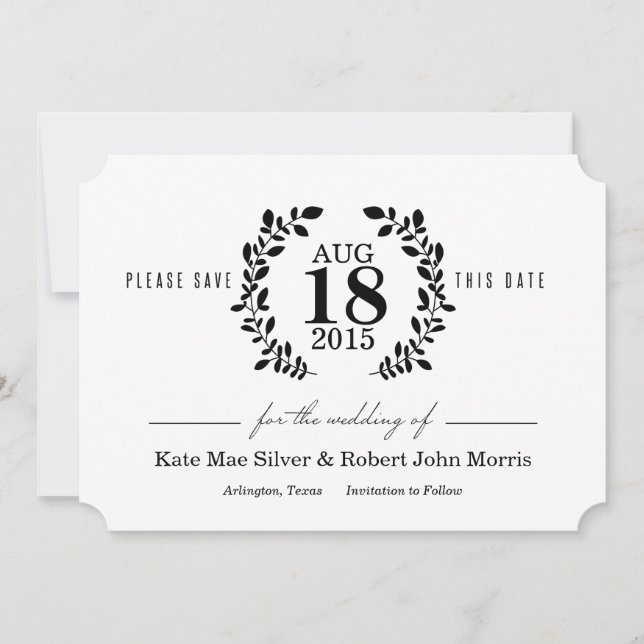 Laurel Wreath Black & White Nonphoto Save the Date (Front)